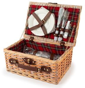Cesto picnic per 2 persone in vimini bianco decoro tartan rosso cm 36x26x16
