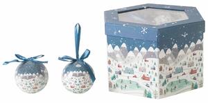 Palline di Natale bianche e azzurre con decoro paesaggio e laccetto diametro 7,5 cm confezione 14 pezzi