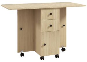 Tavolo Pieghevole 120x60x76,5 cm con 2 Cassetti e Armadietto 6 Rotelle e Freni Color Legno