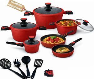 Set 24 Pezzi Batteria di Pentole Manici Removibili Rubino Suprem in Alluminio Pressofuso Rosso