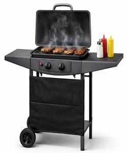 Barbecue a Gas 2 Fuochi 5 kW Griglia BBQ 45x32 cm con Piani Laterali e Ruote in Acciaio Nero