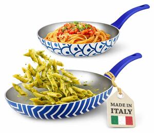 Set 2 Padelle Onda 24-28 cm Rivestimento Antiaderente con Manico Soft Touch Blu