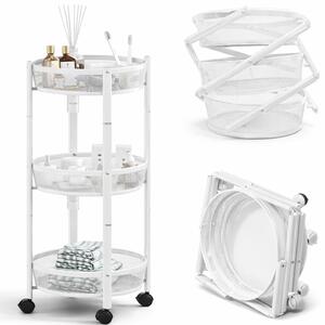 Carrello Pieghevole Salvaspazio Ø35x88 cm con 3 Ripiani Organizer Versatile in Metallo Bianco