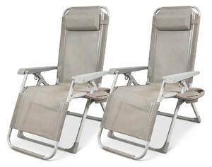 Set 2 Sedie Sdraio Gravity Luxor 90x67x110 cm con Vassoio Portaoggetti Poggiapiedi e Cuscino Tortora