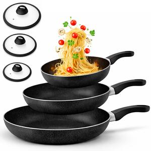 Set 6 Pezzi Padelle con Coperchio 20-24-28 cm in Alluminio Antiaderente Nero