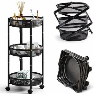 Carrello Pieghevole Salvaspazio Ø35x88 cm con 3 Ripiani Organizer Versatile in Metallo Nero