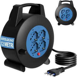 Avvolgicavo Multipresa 12 Metri con Interruttore di Protezione Prolunga e 4 Prese Nero e Blu