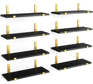 Set 8 Mensole da Parete 40x15x1,5 cm Staffe Oro Scaffalatura da Muro in Legno Nero