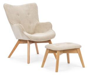 Poltrona con poggiapiedi beige con rivestimento in velluto a coste Niko – Ropez
