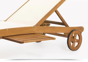 Lettino prendisole da esterno in legno di acacia e textilene con ruote e ripiano portaoggetti Wootext