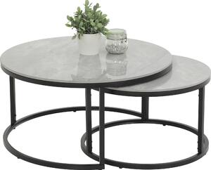 Set di 2 tavolini Luis-round piano in vera pietra effetto marmo struttura in metallo nero lucido, Ø80+60cm