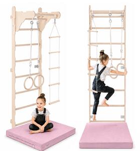 Scala da ginnastica per bambini (210 cm) | Scala da parete in legno | Struttura da arrampicata per bambini | Ruote da ginnastica | Materassino protettivo | Scala in corda | 100% ECO