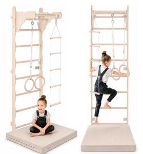 Scala da ginnastica per bambini (210 cm) | Scala da parete in legno | Struttura da arrampicata per bambini | Ruote da ginnastica | Materassino protettivo | Scala in corda | 100% ECO