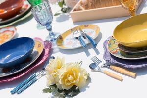 Servizio piatti da tavola in porcellana e gres con decoro colorato 18 pezzi Calamoresca