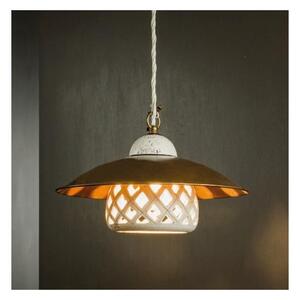 SOSPENSIONE VINTAGE CON CAMPANA IN CERAMICA E PIATTO IN OTTONE MADE IN ITALY