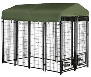 PawHut Recinto per Cani da Esterno con Tettuccio in Tessuto Oxford e 2 Ciotole, in Acciaio, 244x122x183 cm, Nero e Verde Scuro|Aosom