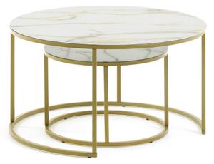 Set Leonor di 2 tavolini in vetro bianco e acciaio finitura oro Ø 80 cm/ Ø 50 cm