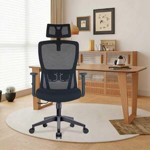 Sedia da ufficio ergonomica, colore nero, con poggiatesta e braccioli regolabili, rivestita in tessuto a rete