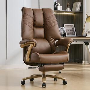 Sedia da ufficio oversize, rivestita in ecopelle marrone, con schienale ergonomico e regolabile, e struttura in metallo