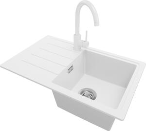 PRIMAGRAN Lavello in granito, bianco, 70x44 cm, con un vano + miscelatore per cucina 32x20 cm + kit di scarico. Lavello da cucina adatto a basi di almeno 45 cm - Modello Kopenhagen Easy