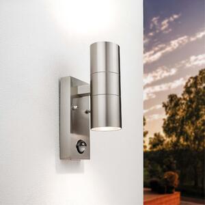 Lampada a parete LED Ledvion con sensore, attacco GU10, luce direzionale verso l'alto e verso il basso, grado di protezione IP44, colore grigio, realizzata in acciaio inossidabile