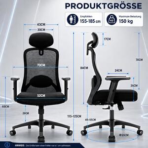 Sedia da ufficio ergonomica con braccioli regolabili in 4 dimensioni, capacità di carico di 150 kg, taglia XL