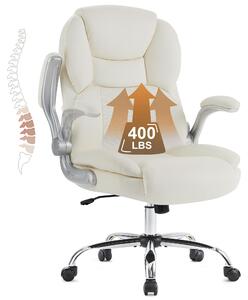 Sedia da ufficio ergonomica, colore bianco, rivestita in ecopelle, con braccioli pieghevoli, dimensioni 70x70x115 cm