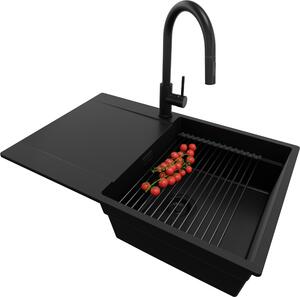 Lavello in granito PRIMAGRAN, modello "Alles Schwarz" 78x50 cm, lavello a vasca singola + set di scarico + set di accessori da cucina, lavello da cucina per mobili base da 50 cm - San Francisco