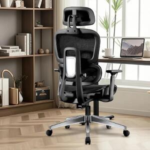 Sedia da ufficio ergonomica, colore nero, con braccioli regolabili in 3D, rivestimento in mesh e supporto lombare