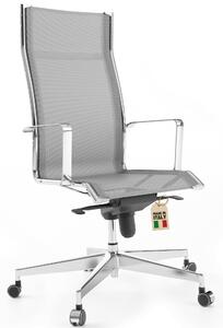 Sedia da ufficio ergonomica, cromata/grigia - Schienale alto - Materiale a rete - Giratoria