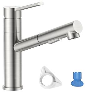 Rubinetto da cucina, acciaio inossidabile, estraibile, rotazione di 120°, 2 modalità di getto d'acqua