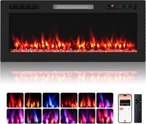 Camino elettrico da 42 pollici, 750W/1500W, camino da incasso o da parete, con controllo tramite app, Wi-Fi e telecomando. Camino elettrico con 12 colori di fiamme e letto di braci, 5 livelli di luminosità e timer da 12 ore