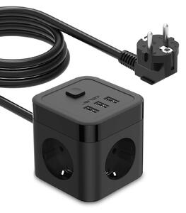 Ciabatta multipresa con 3 porte USB, 3680 W/16 A, con interruttore, cavo da 3 metri - Colore nero
