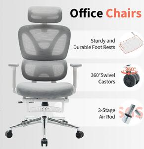Sedia da ufficio ergonomica in mesh: schienale alto, poggiapiedi, braccioli 3D, poggiatesta regolabile, supporto lombare dinamico, inclinabile e girevole - colore bianco