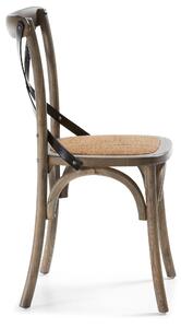 Sedia Alsie in legno massiccio di betulla laccato marrone e seduta in rattan
