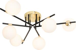 QAZQA - Lampada da soffitto Art Déco | Lampada da soffitto | Lampada | Lampada nera con dettagli dorati | Ottone e vetro opalino, 6 luci - Lynn | Soggiorno | Camera da letto - Acciaio, forma rotonda - Compatibile con LED G9