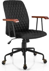 Sedia da ufficio, stile retrò, in velluto, regolabile in altezza, con ruote, sedia da ufficio ergonomica con seduta imbottita e braccioli in gomma, stile vintage, portata massima 150 kg (nera)