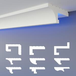 Profilo LED per illuminazione indiretta, listelli decorativi, pannelli in XPS (polistirene estruso), soffitto in cartongesso