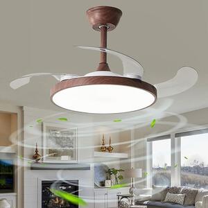Ventilatore a soffitto invisibile, con pale retrattili e illuminazione dimmerabile, design moderno, reversibile, con luce, timer, adatto per camere da letto, soggiorni e camerette, finitura effetto legno. Diametro: 95 cm