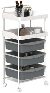 HOMCOM Carrello Portaoggetti con 2 Vassoi Fissi e 3 Vassoi Scorrevoli, in Acciaio e PP, 40x34x85 cm, Bianco e Grigio