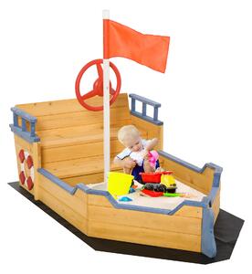 Outsunny Sabbiera per Bambini in Legno a Forma di Nave dei Pirati con Vano Contenitore, Gioco da Giardino 158x78x45.5cm|Aosom