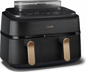 Philips Friggitrice ad Aria Doppio Cestello Capacit 9 Litri Potenza 2750 Watt con Timer Digitale e Termostato Regolabile colore Nero e Oro - NA552
