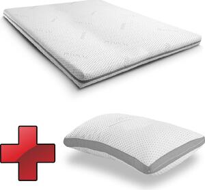 Supportho premium cold foam topper 140 x 200 cm H3, altezza 9 cm, grado di durezza H3 con rivestimento antibatterico + Supportho cuscino effetto gel 40 x 80 cm