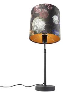 Lampada da tavolo nera paralume velluto fiori oro 25 cm - PARTE