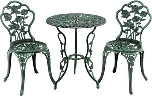 Set di mobili da giardino KOMFOTTEU in 3 pezzi, tavolo da giardino con 2 sedie, set da bistrot in alluminio resistente alle intemperie, set da salotto con motivo a rose per balcone, giardino e terrazza, verde bronzo