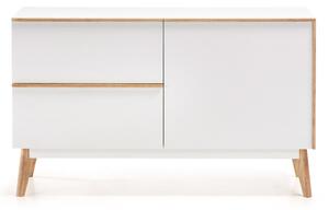 Credenza Melan 1 anta e 2 cassetti laccata bianca e legno massello di caucciù 120 x 72 cm
