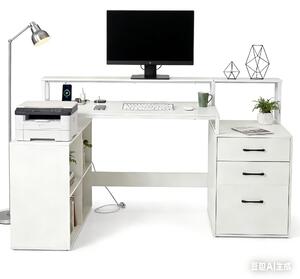 KOMFOTTEU Scrivania angolare a L con stazione di ricarica, 166 x 90 cm, scrivania da gaming con cassetti, scrivania per computer e spazio per la stampante, per studio, ufficio e camera da letto, bianca