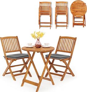 KOMFOTTEU 3 pezzi. Set da balcone pieghevole, set di mobili da balcone in legno di acacia, set di mobili da giardino con 1 tavolo pieghevole e 2 sedie pieghevoli, set da bistrot con cuscini, set da salotto per balcone e giardino (cuscini grigi)