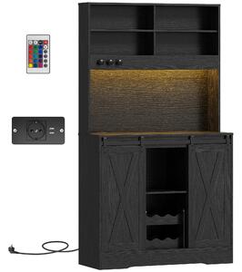 HOMCOM Credenza da Cucina Alta Stile Rustico con 2 Armadietti, Portabottiglie, Prese di Ricarica e Luci LED, Nero | Aosom Italy