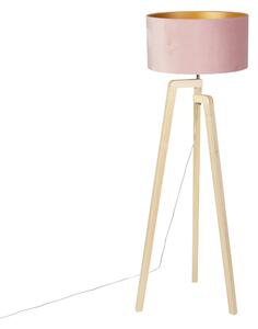 Lampada da terra tripode legno paralume velluto rosa 50 cm - PUROS